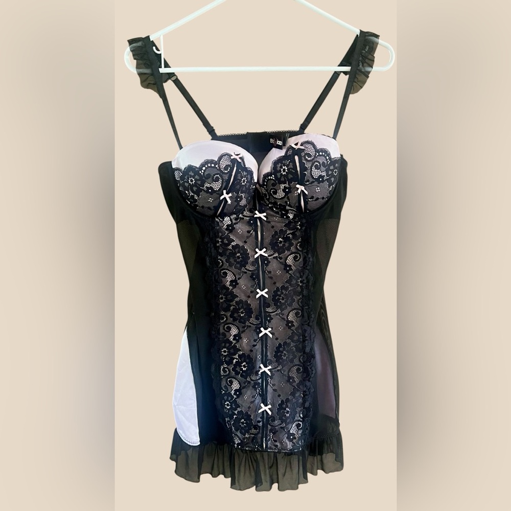 Be Wicked Vintage-Style Lace Corset Babydoll Bustier Pink Bows and Garter Hooks